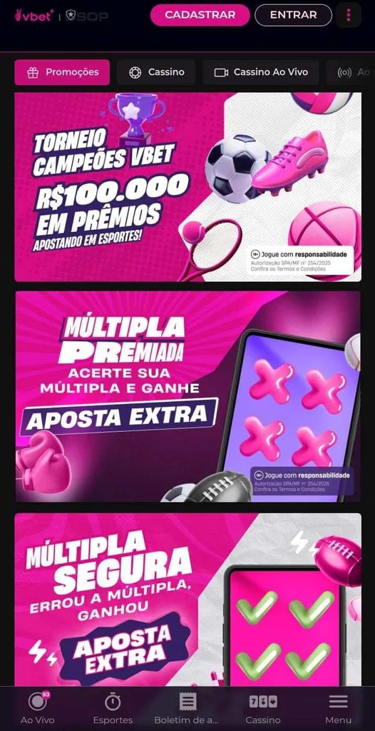 Captura de tela do site de apostas Vbet