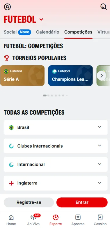 Captura de tela na aba de competições de futebol na Betano