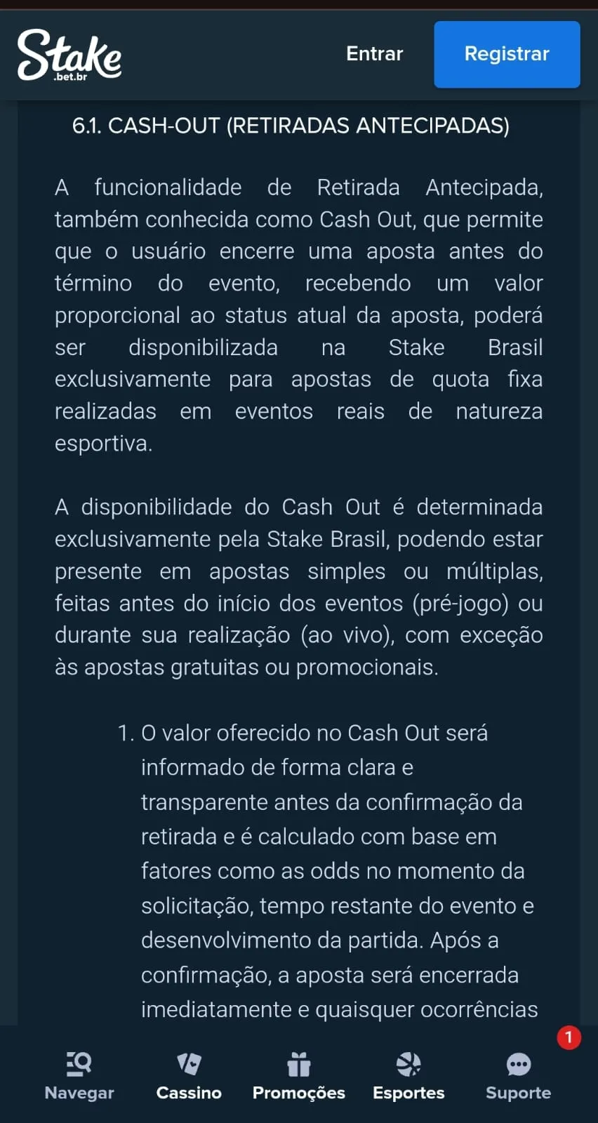 Termos e condições do Cash Out na Stake