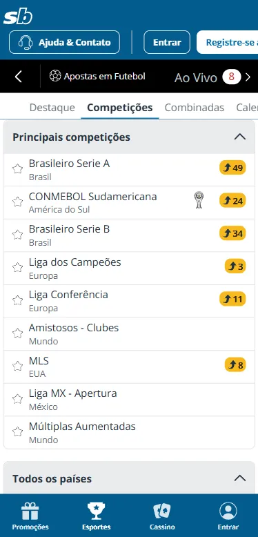 Captura da tela de competições na plataforma bet Sportingbet