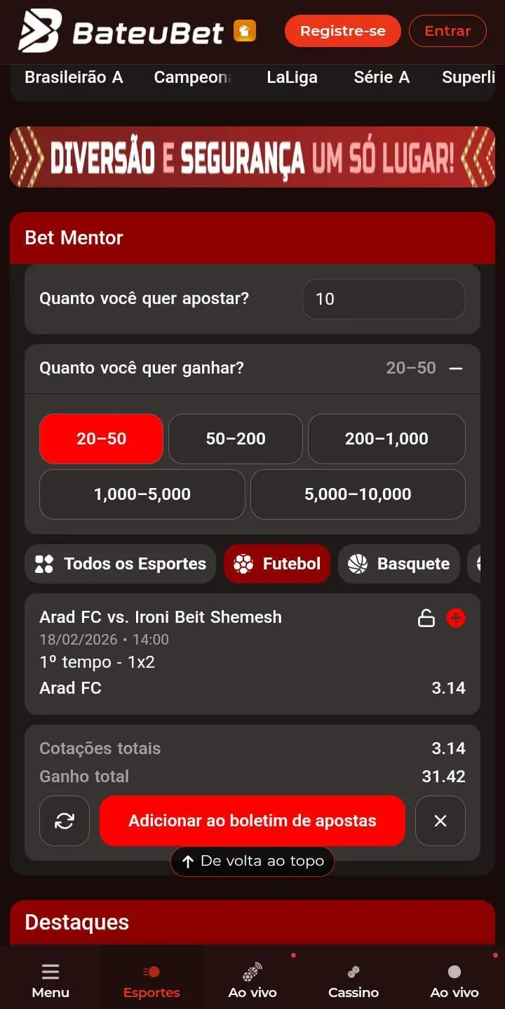 Bet Mentor da BateuBet com valor de apostas em R$ 10 e expectativa de ganho entre 20-50