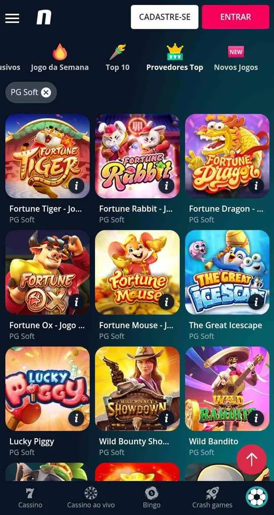 Ícones de 9 jogos da PG Soft na Novibet, incluindo Fortune Tiger, Fortune Rabbit e Fortune Dragon