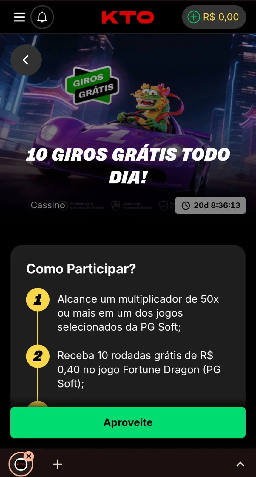 Personagem de Fortune Dragon dirigindo um carro e texto de como participar da oferta Ganhe 10 giros grátis todo o dia