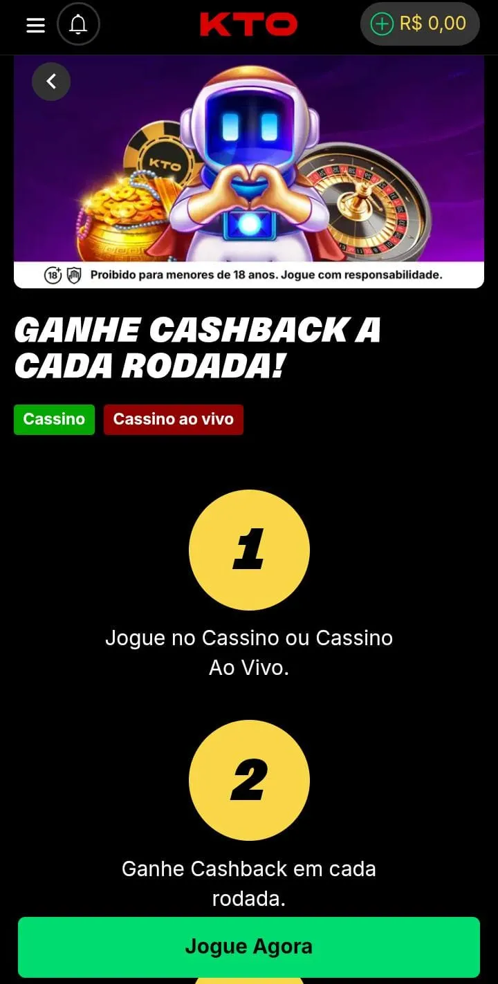 Oferta Ganhe cashback a cada rodada na KTO, com o personagem de Spaceman no banner promocional