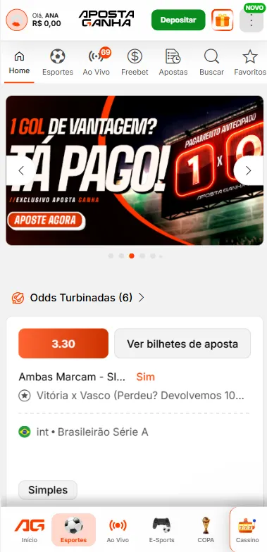 Seção de esportes na Apsota Ganha com banner de "1 Gol de Vantagem? Tá pago!"
