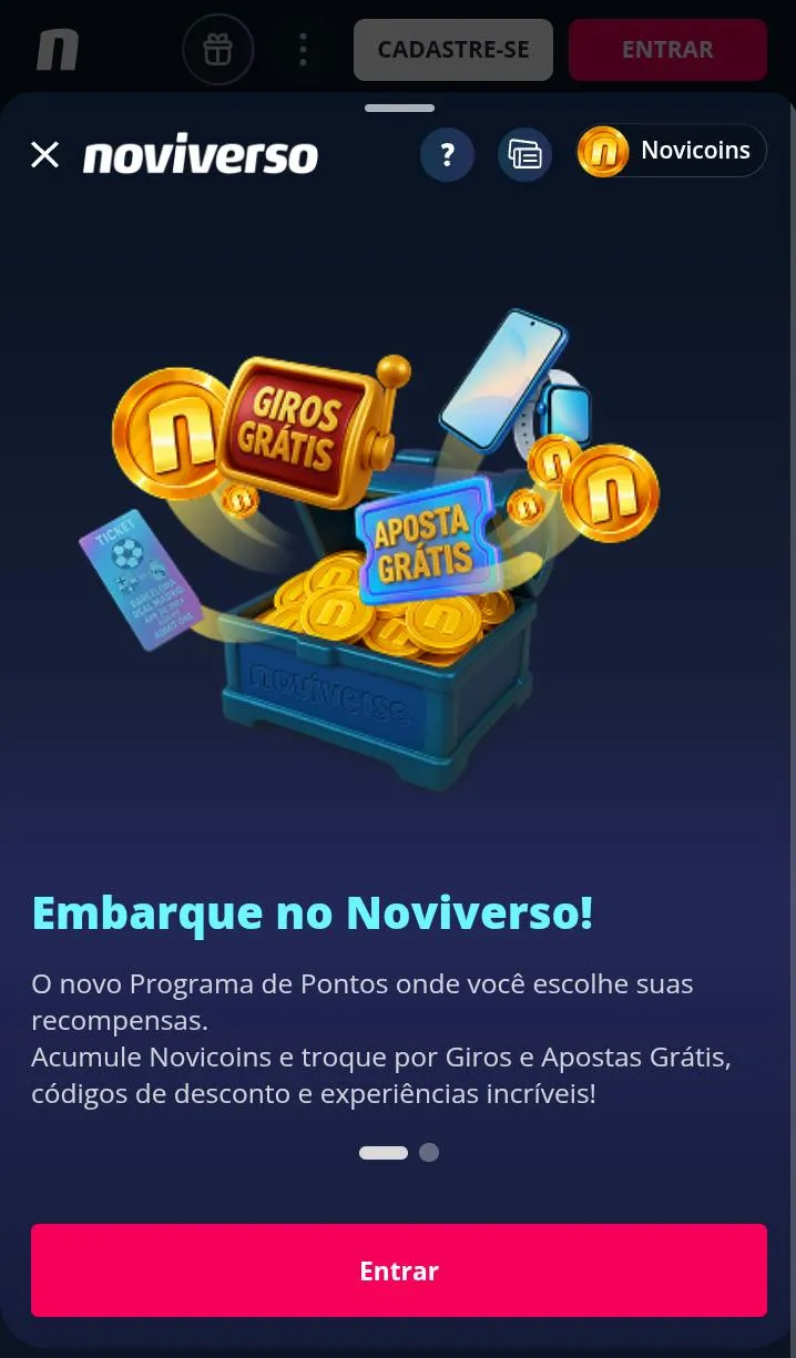 Programa Noviverso da Novibet, com fichas douradas com a letra N dentro de um baú e texto explicativo