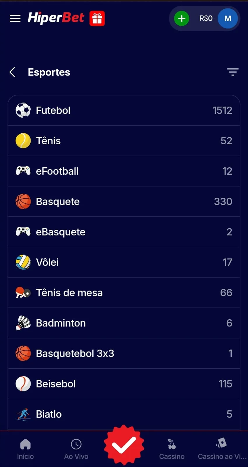 Painel de esportes da Hiperbet com futebol, tênis e outras modalidades para criar palpites 