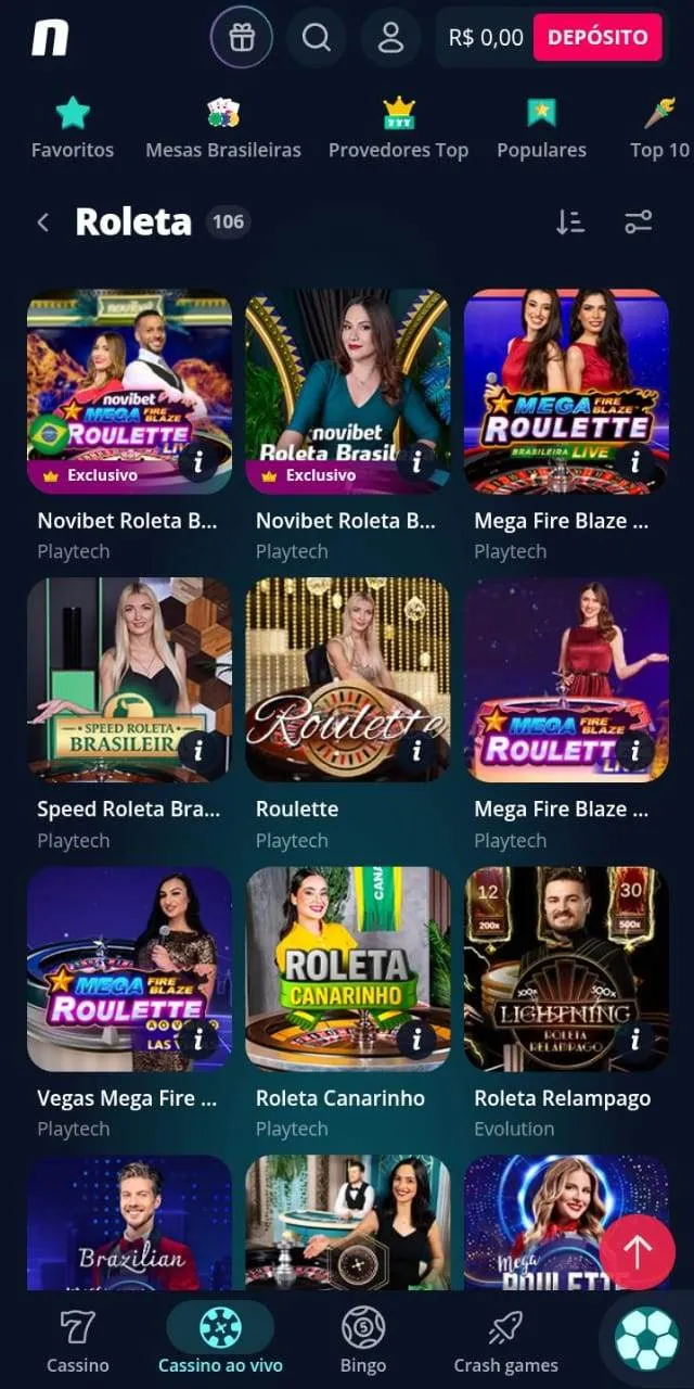 Exibição de 12 dos 106 jogos de roleta da Novibet, incluindo Novibet Roleta Brasileira e Roleta Canarinho
