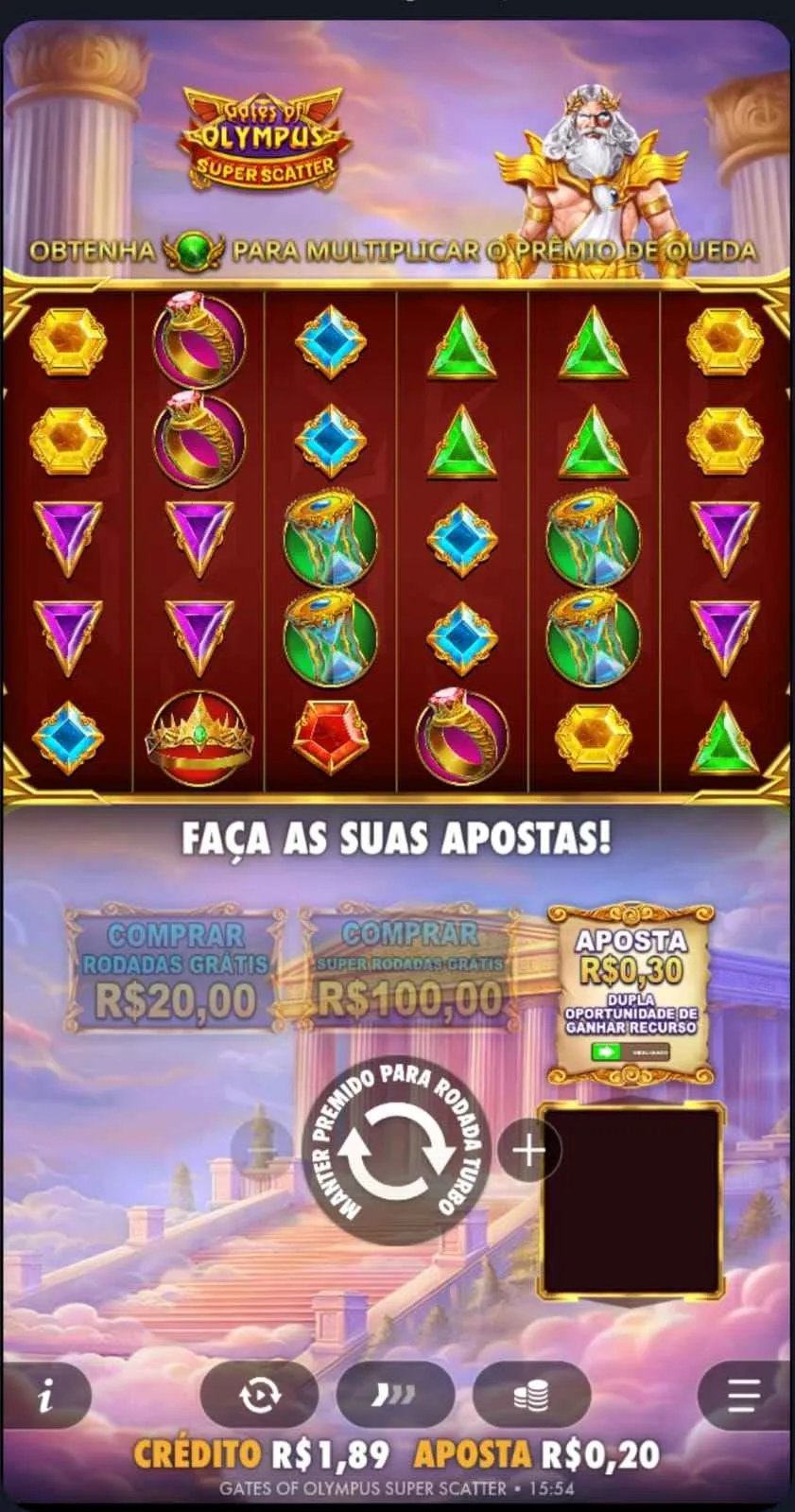 Diferentes s&iacute;mbolos na grade de Gates of Olympus Super Scatter e duas op&ccedil;&otilde;es de compra de rodadas b&ocirc;nus
