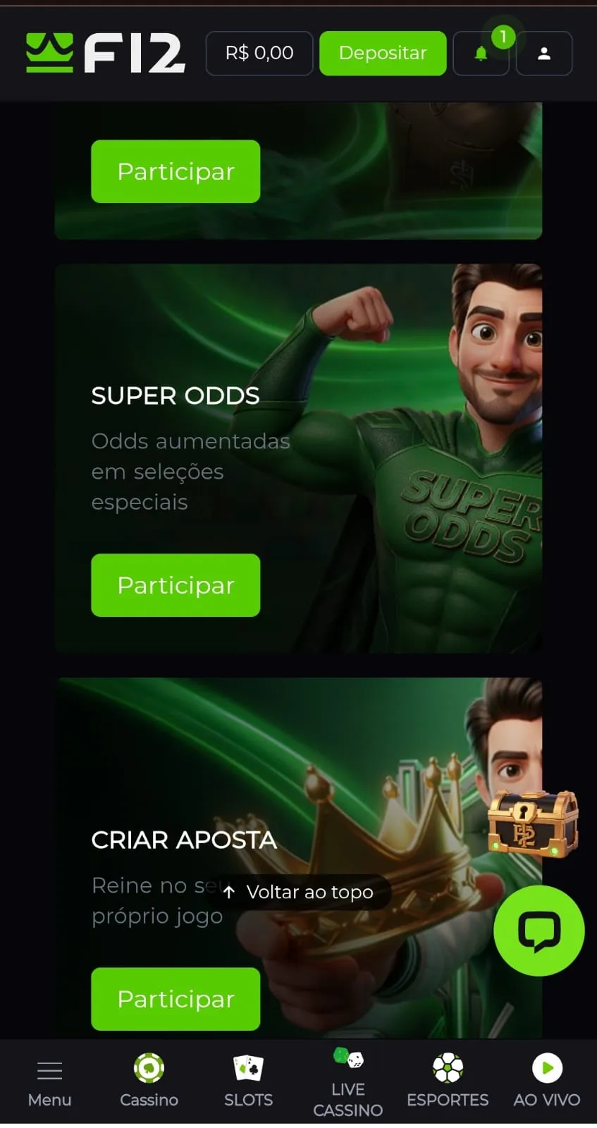 Página de ofertas da F12.bet com destaque para o banner da oferta de Super Odds