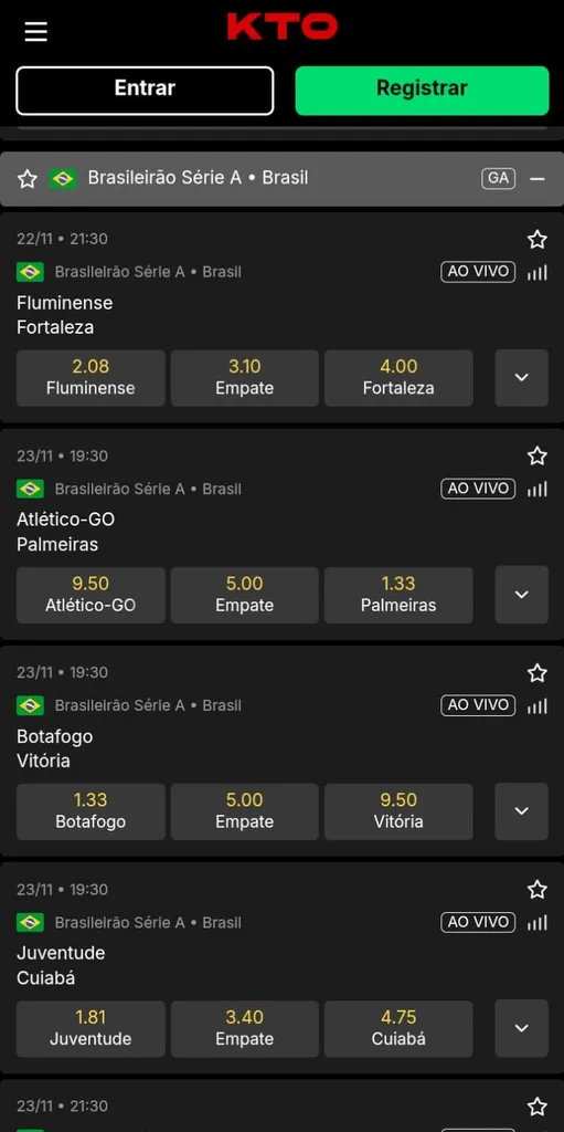 Captura de tela das apostas em futebol na plataforma bet KTO