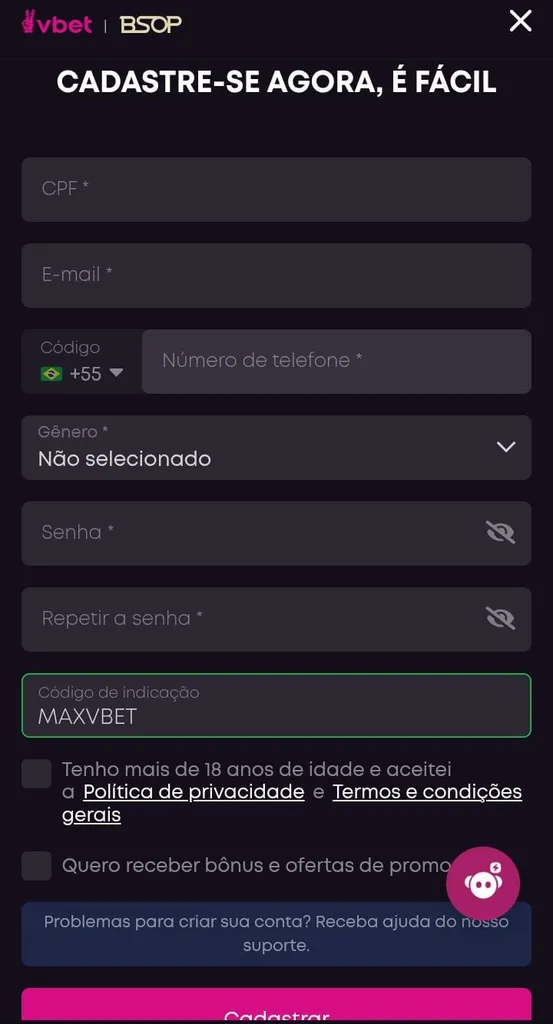 Formulário de cadastro da Vbet, com campos de e-mail, telefone e o código MAXVBET inserido no local código de indicação