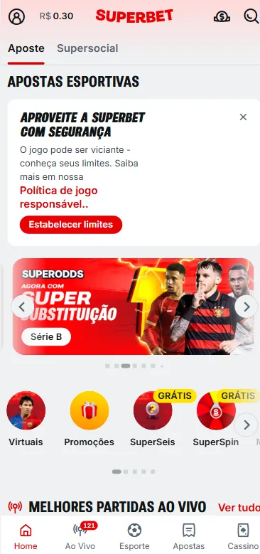 Banner de Superodds com Super substituição e ícones de destaque dos esportes virtuais e promoções da Superbet