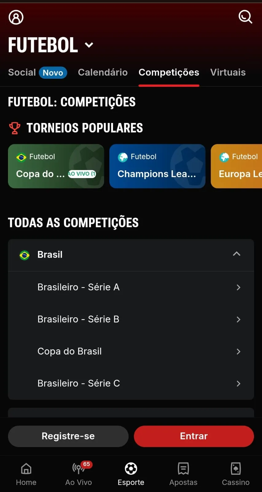 Painel de navegação da categoria de futebol com a seção de torneios populares e banner para a área da Copa do Brasil na Superbet
Data: 03/08/2026
