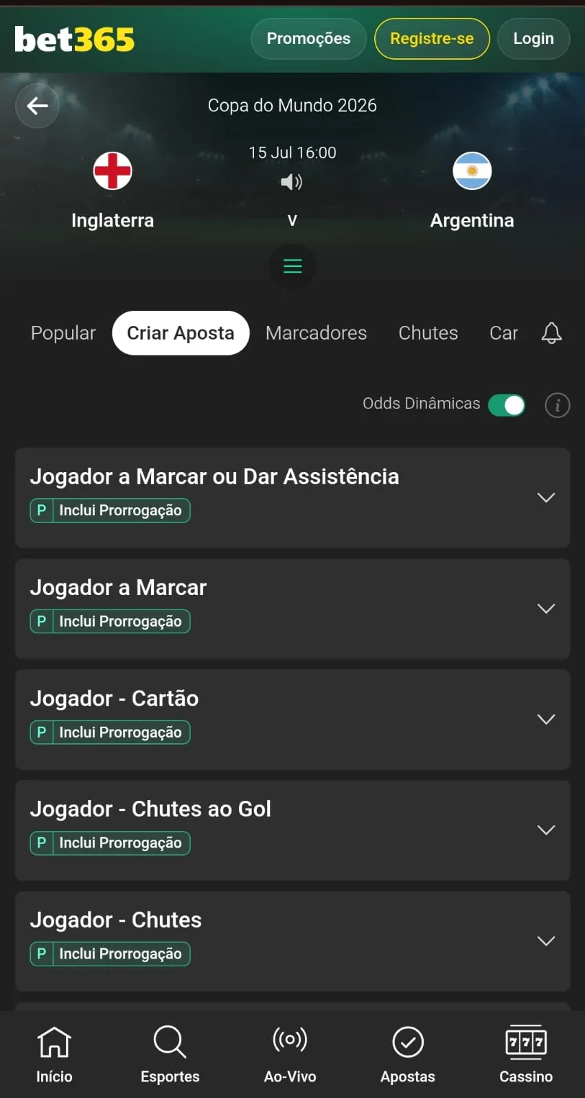 Criar Aposta para o jogo Inglaterra v Argentina, com mercados de Jogador a marcar ou dar Assistência, Cartão e outros.