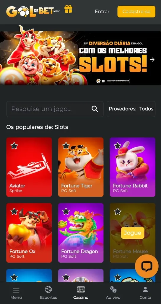 Banner com os personagens dos melhores slots da Gol de Bet e jogos populares, como Aviator e Fortune Tiger