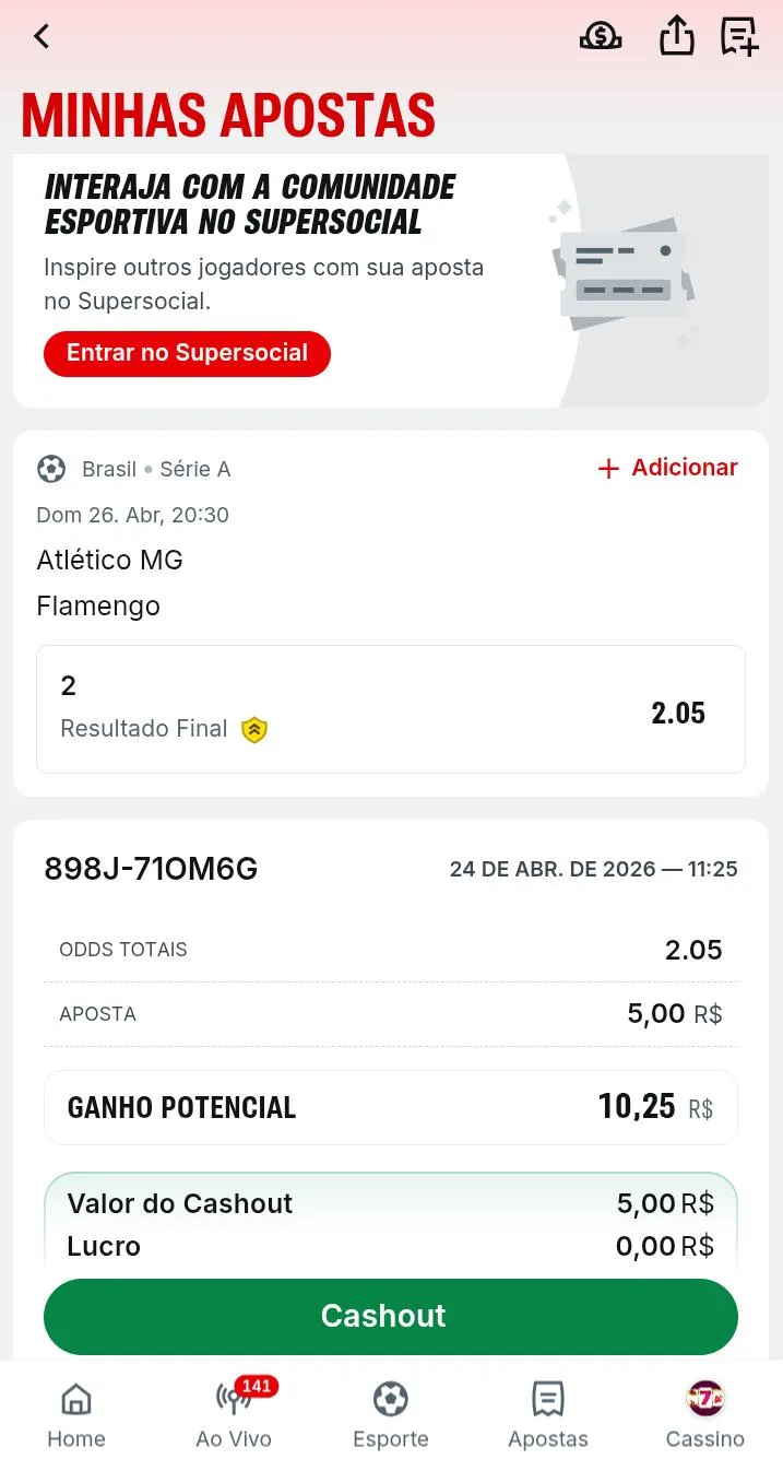 aposta no Flamengo para vencer com indicação do pagamento antecipado na Superbet