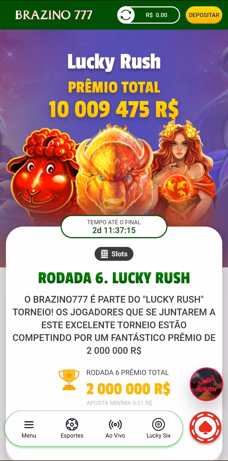 Torneio Lucky Rush do Cassino Brazino777, com destaque para o banner promocional e o prêmio de 2 milhões.