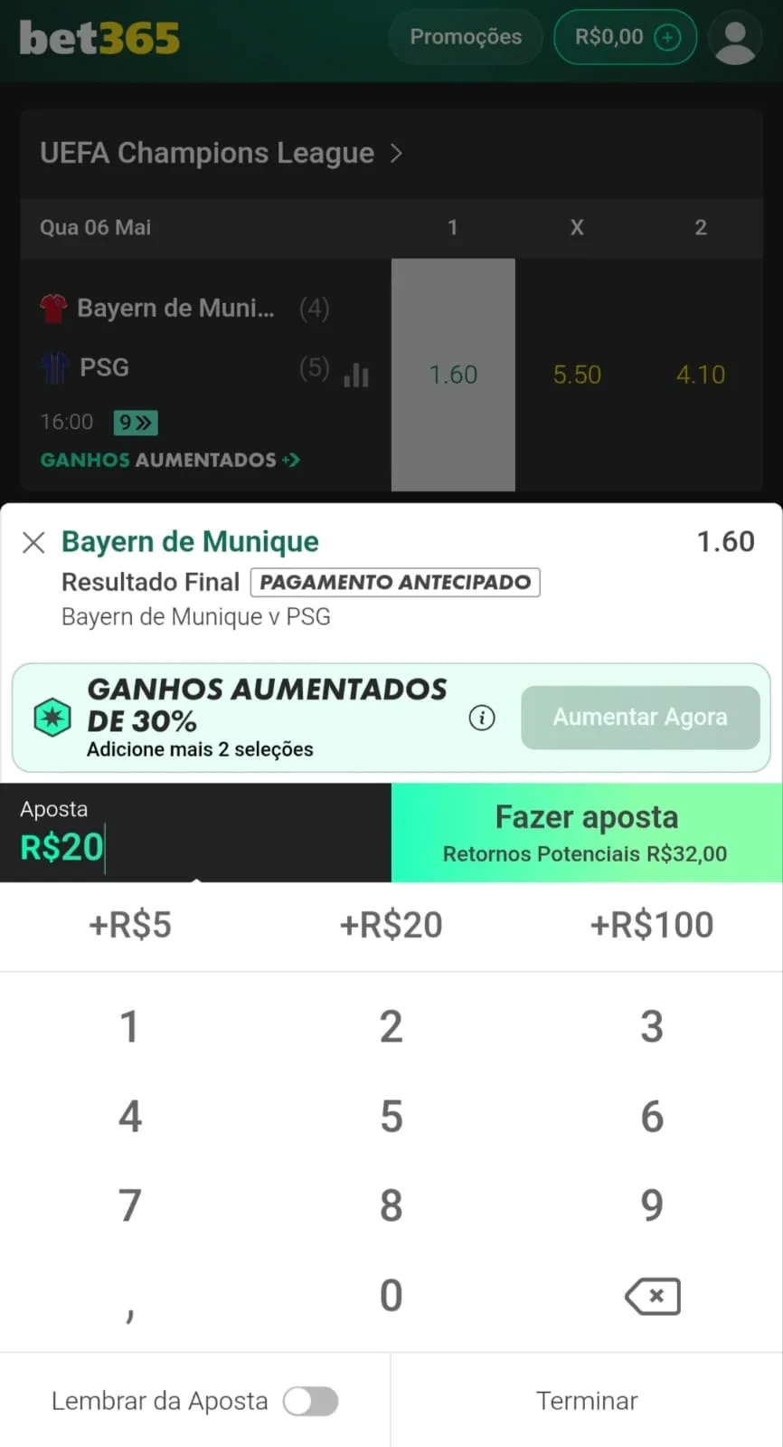Captura de tela do boletim de apostas com um palpite montado na bet365