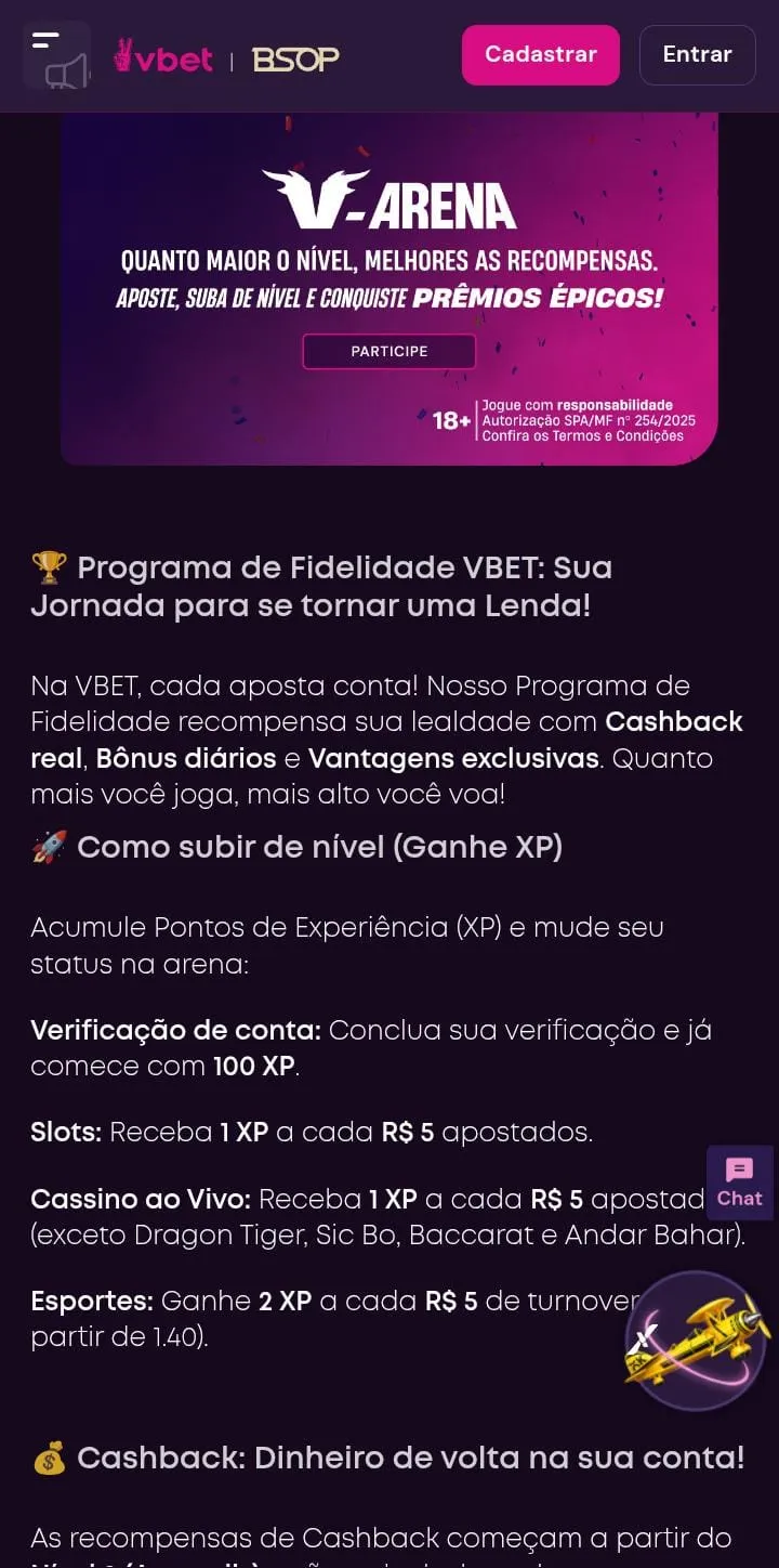 Programa de fidelidade V-Arena da Vbet, com texto explicativo sobre os benefícios para cassino e esportes