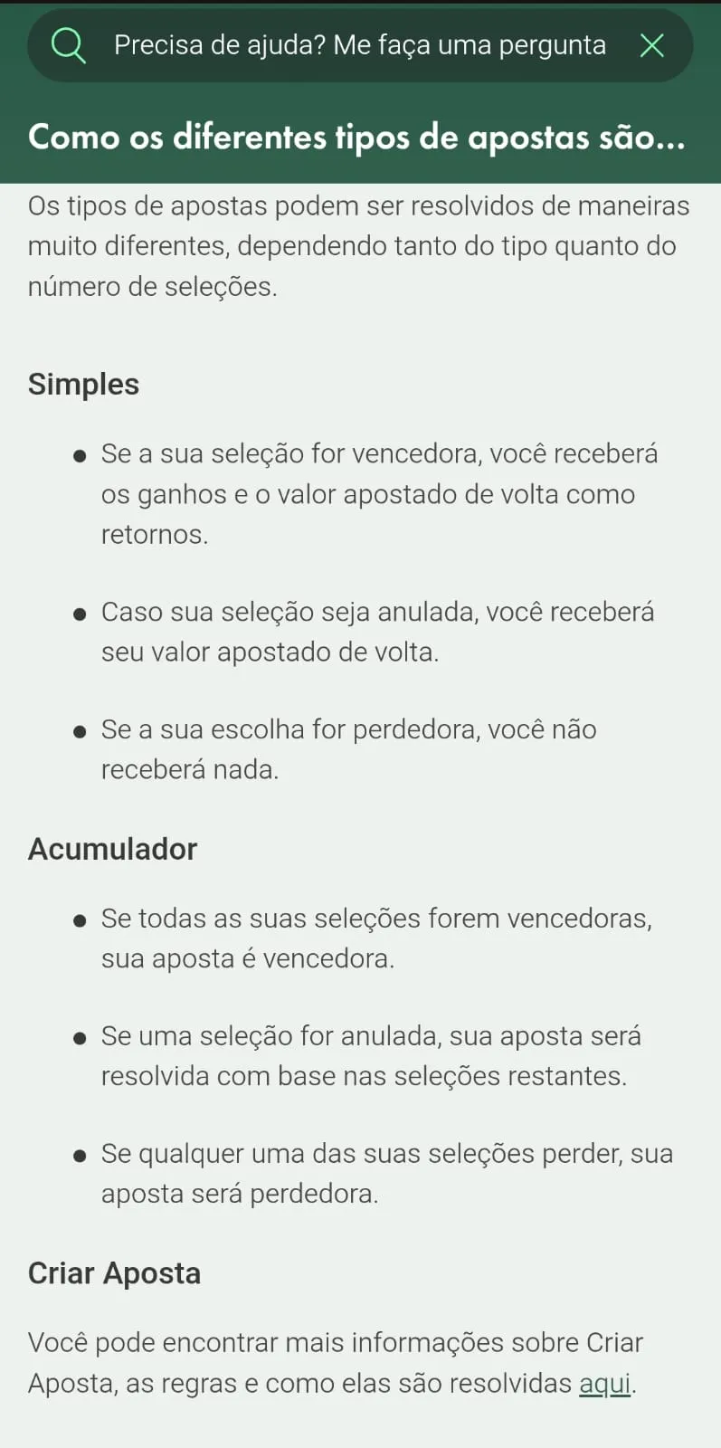 Captura de tela da FAQ "Como os diferentes tipos de apostas são resolvidos?" explicando apostas simples, acumulador e criar aposta
