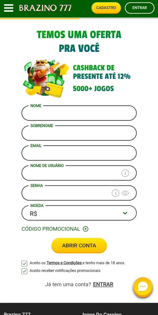 Formulário de cadastro na Brazino777 com campos para preencher nome, email, senha e mais.
