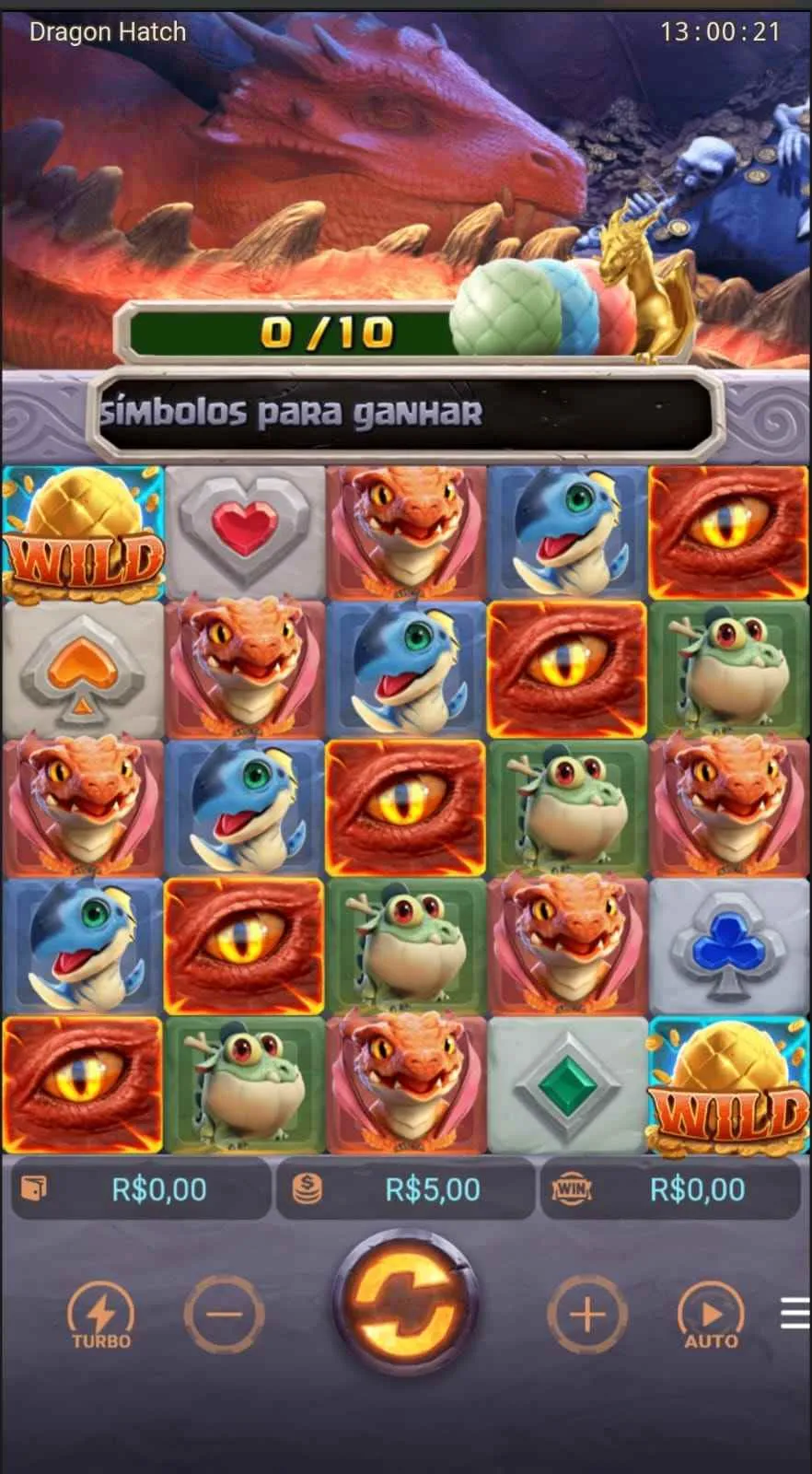 Diferentes figuras na grade 5x5 de Dragon Hatch, com bônus dos ovos de dragões em 0/10.