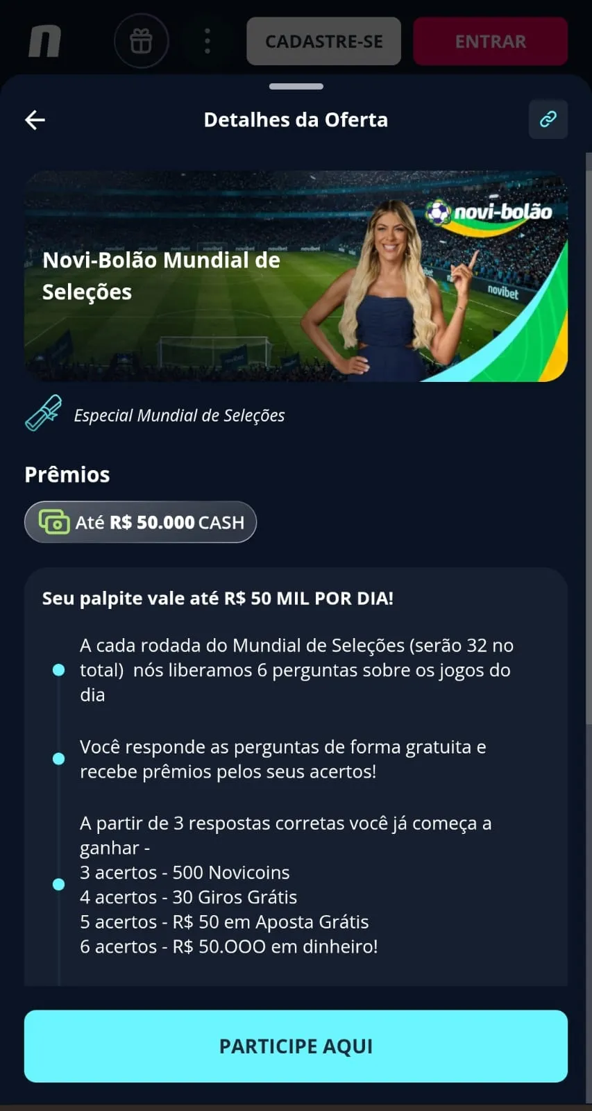 Promoção "Novi-Bolão Mundial de Seleções" na Novibet com até 50 mil em prêmios diariamente.