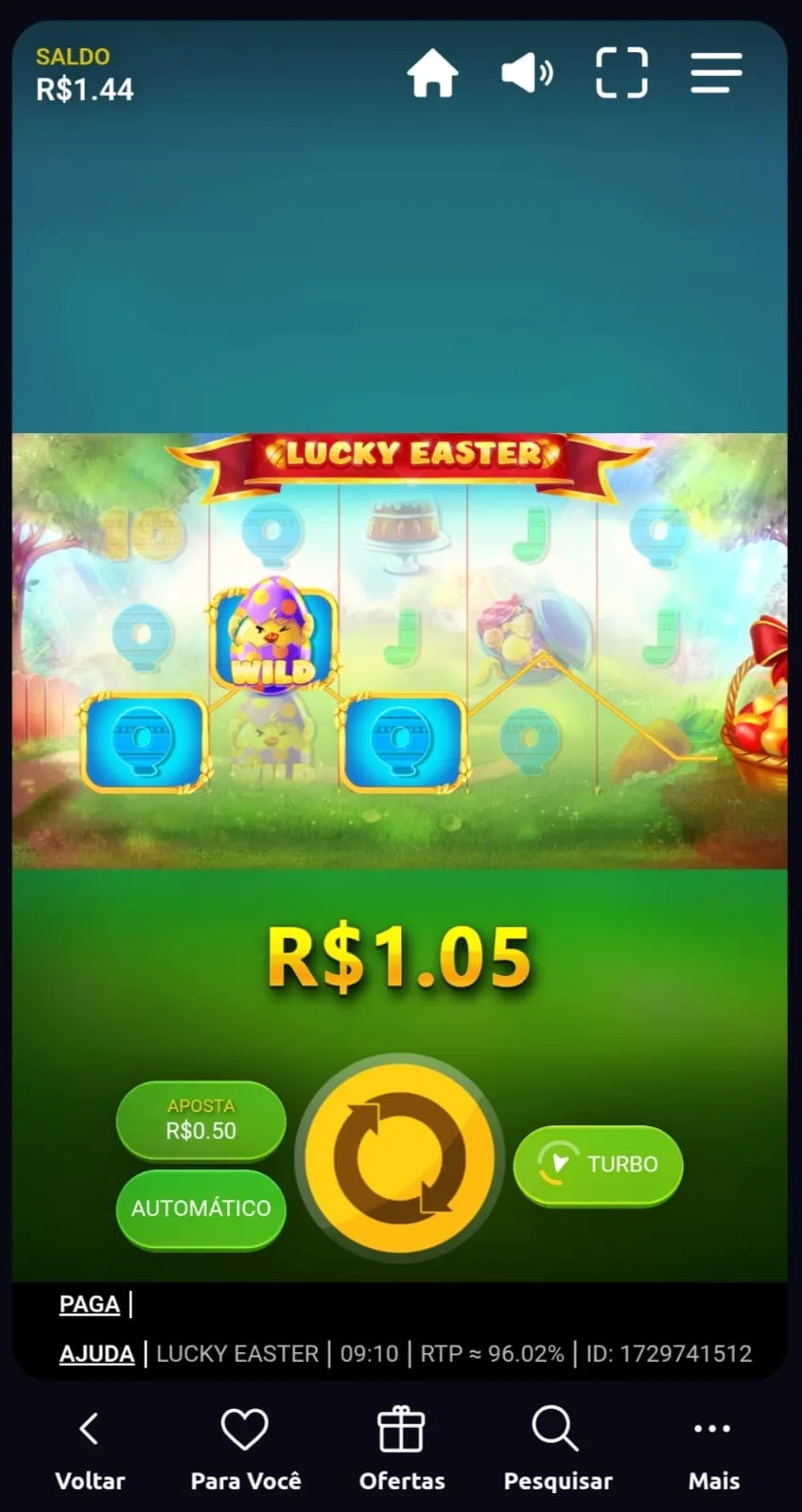 Slot de Páscoa Lucky Easter comcombinação feita com wild, prêmio de R$ 1,05 para aposta de R$ 0,50.