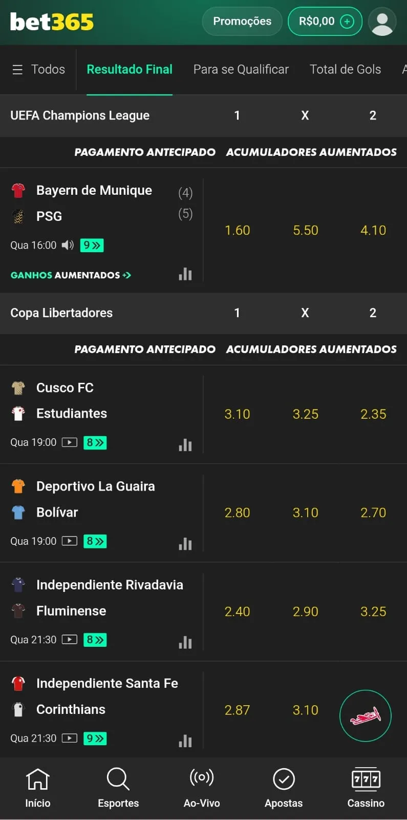 Captura de tela da página de eventos no mercado Resultado Final (1X2) na bet365