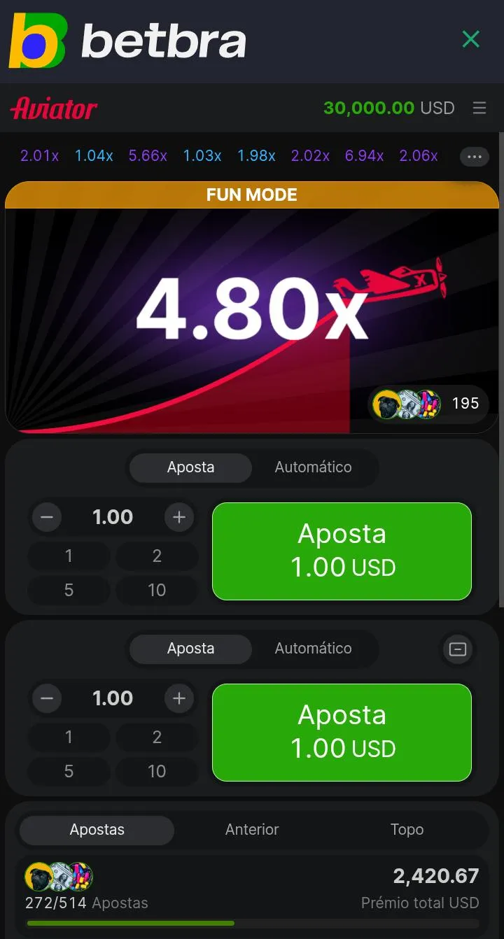 Aviator no modo Fun Mode na Bet Bra, com multiplicador em 4.80x