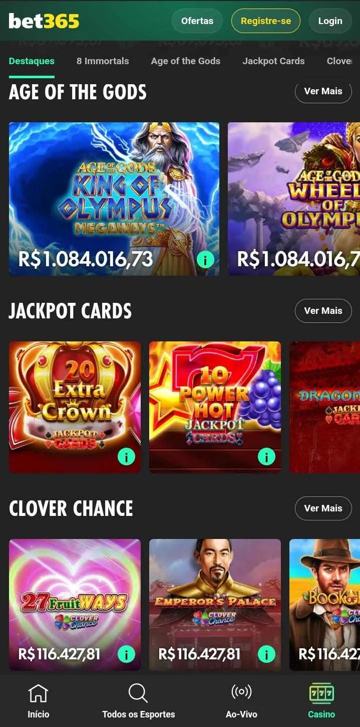 Jackpots Age of the Gods, com prêmios de R$ 1 milhão, Jackpot Cards, e Clover Chance, com prêmio de R$ 116 mil na Bet365