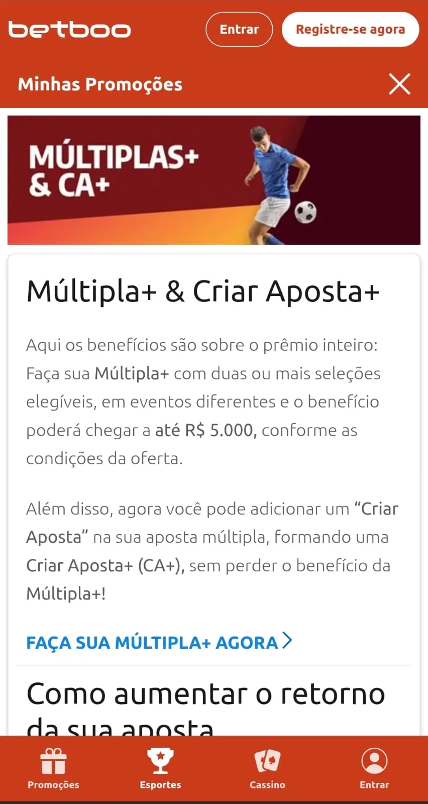 Oferta de Múltipla+ da Betboo, com dois jogadores vibrando no Banner e texto explicativo de como funciona a oferta