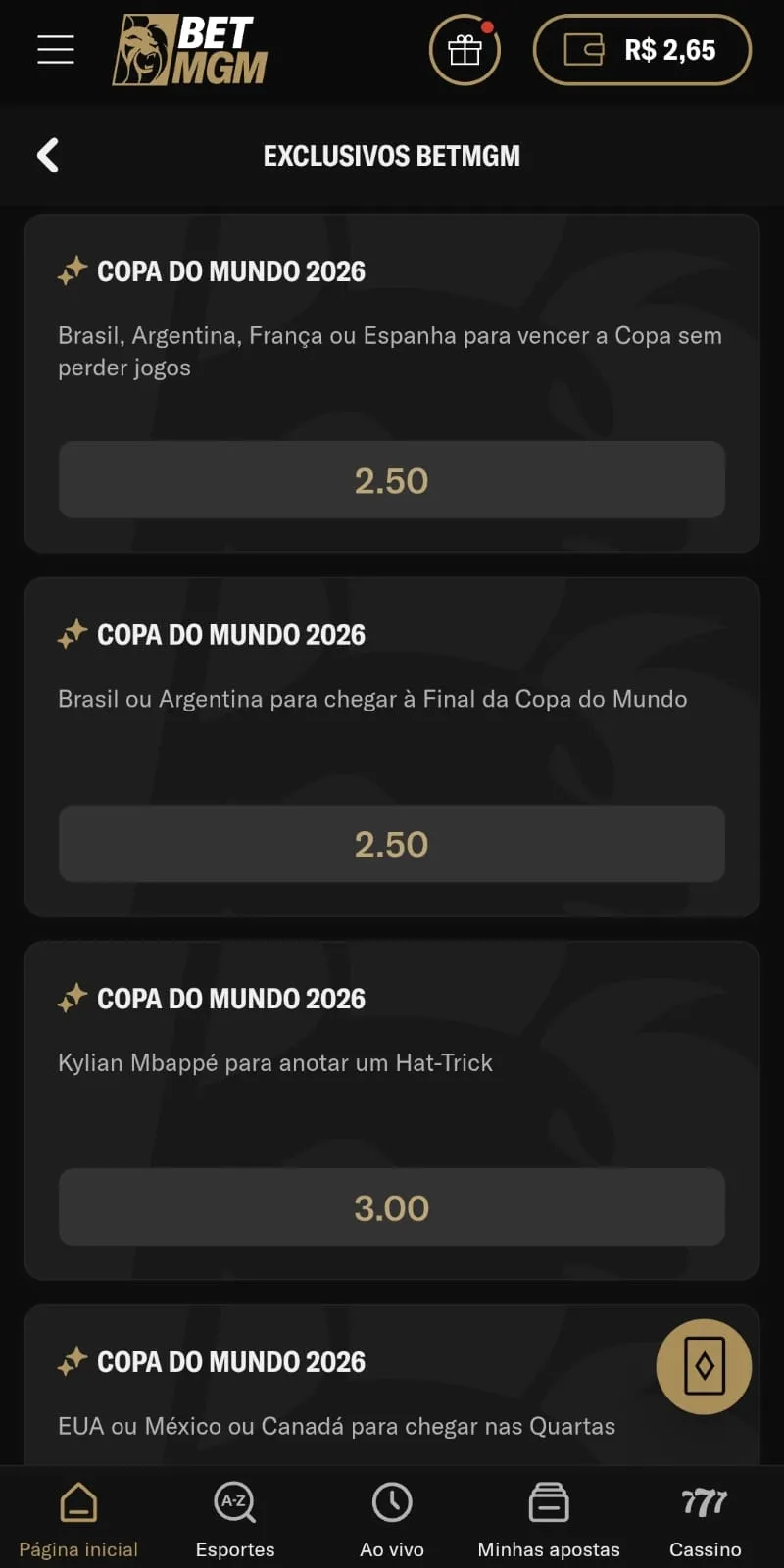 Mercados de apostas especiais para Copa do Mundo na seção "Exclusivos BetMGM
Data: 28/05/2026