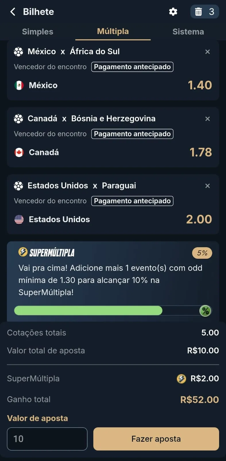 Bilhete de apostas da Estrela Bet com um palpite múltiplo, na vitória das 3 seleções-sedes da Copa do Mundo.