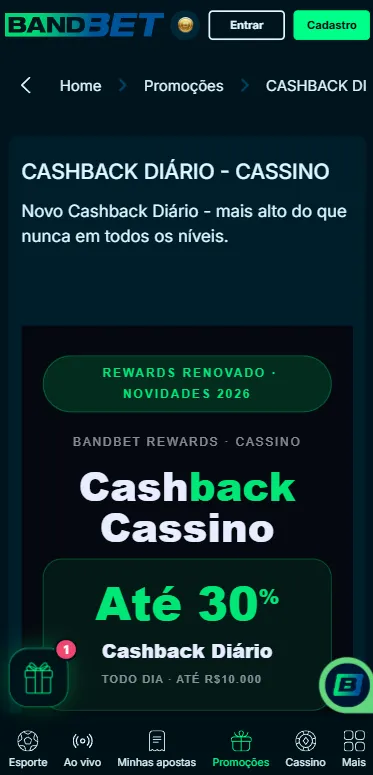 Print da página promocional da oferta de cashback diário de até 30% para slots e crash games da Bandbet