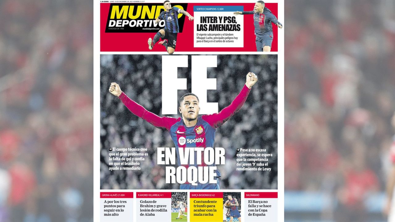 Capa de jornal espanhol destaca “fé” depositada pelo Barcelona em Vitor Roque